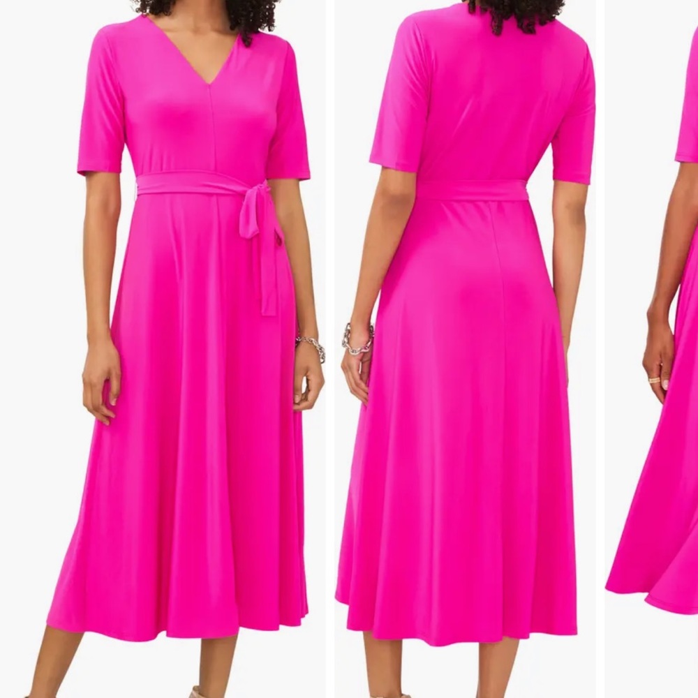 CHAUS V-Neck Belted Midi Dress Fiercely Fuchsia Size Large Midi